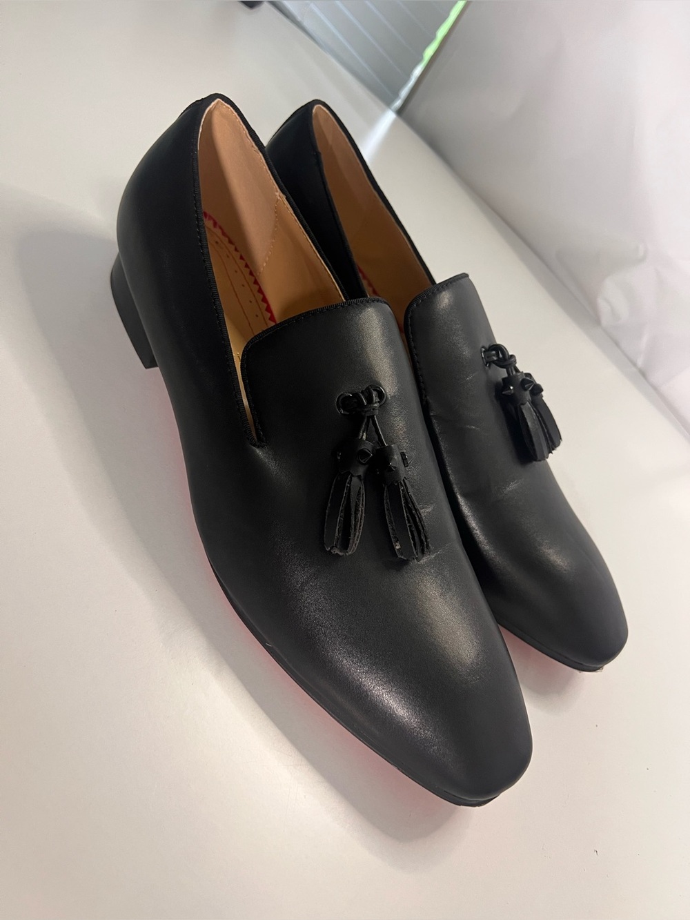 Christian Louboutin Men's Black Leather Tassel Loafers Red Bottoms EU 47 - MINT